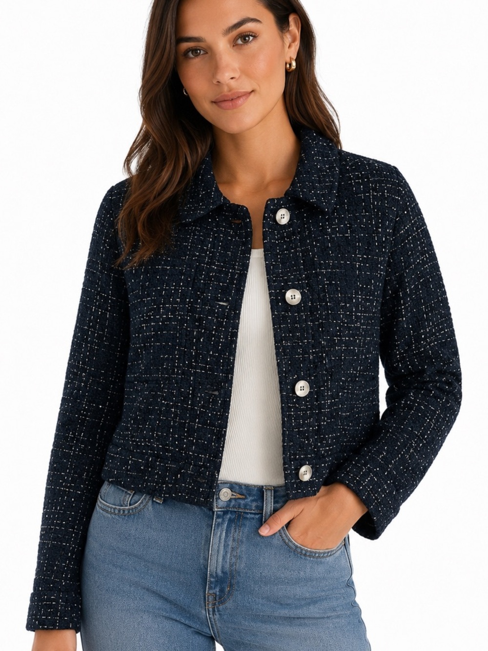 ZARA Black Structured Tweed Cropped Jacket Zip Front Silver Buttons Size S